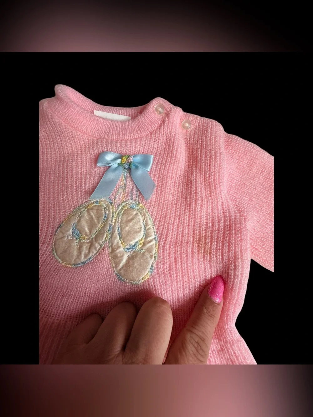 VTG 1980s Doe Spun Baby Girl Pink Knit Sweater Set 3-6 Months Ballet Slippers